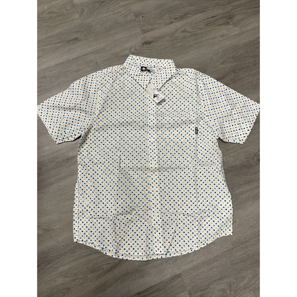 LRG WHITE MULTICOLOR DOTS SHORT SLEEVE COLLAR SHIRT SIZE MEDIUM MENS SHIRT NEW